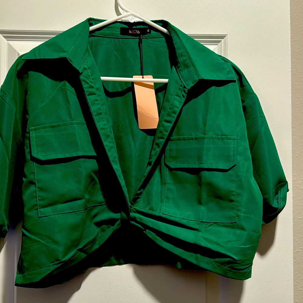 Green XL Basic Flap Pocket Twist Hem Shirt